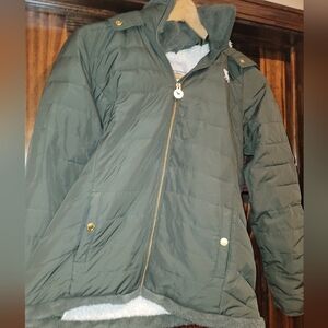 Abercrombie & Fitch Green Girls puffer Jacket coat fur hood 15 16 L XL